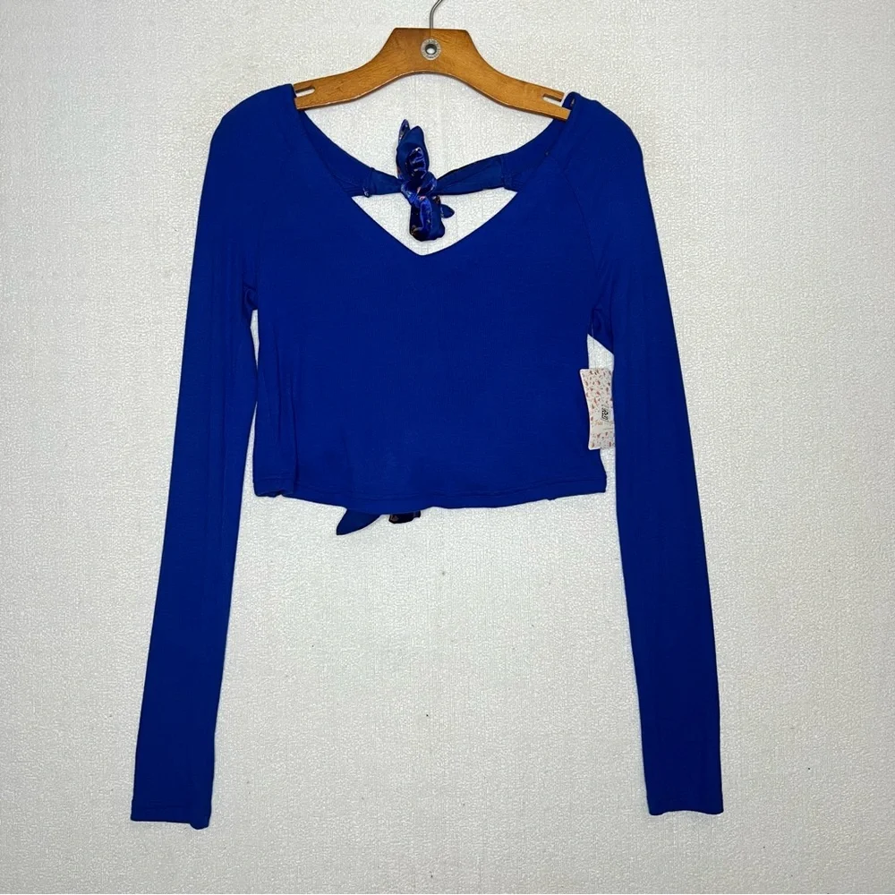 Free People Dual Velvet Tie Back Straps Long Sleeve Women's Top Blue Flame Sz S